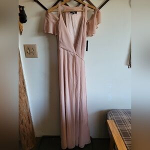 NWT LULUS Wrap Maxi Dress Formal Lined Cold Shoulder Pink Small